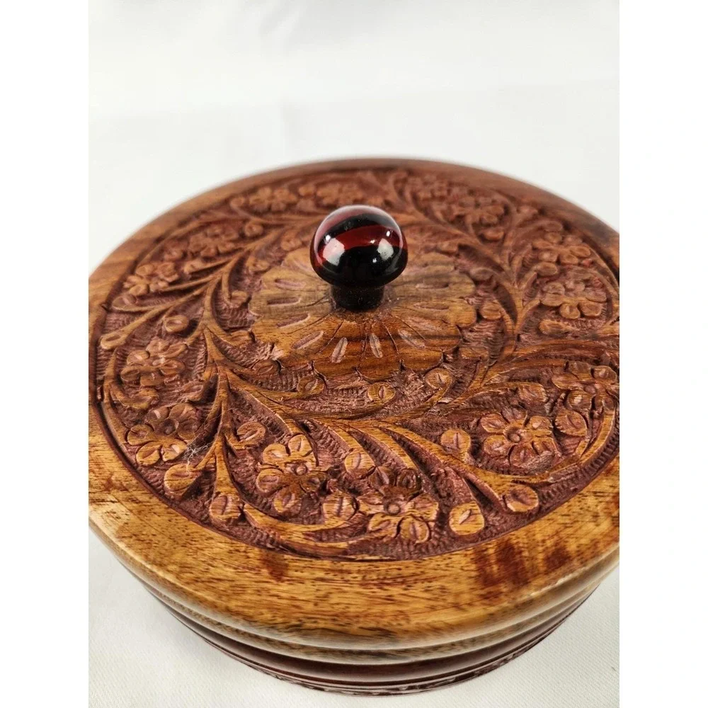 Handcrafted‎ Wooden Chapati Box Wood Divided Floral Carving Decorative Container